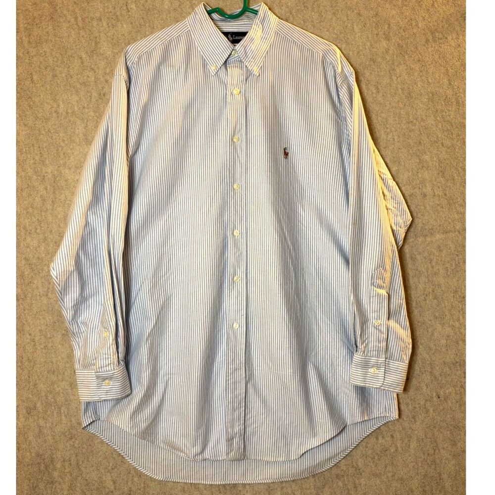 Ralph Lauren Yarmouth Men’s 16-33 L Blue White Striped Cotton Button-Down Shirt